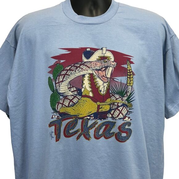 Vintage 90s Texas Rattlesnake Cowboy Boots T Shirt Mens XXL 2XL Texan USA Blue - Picture 1 of 7